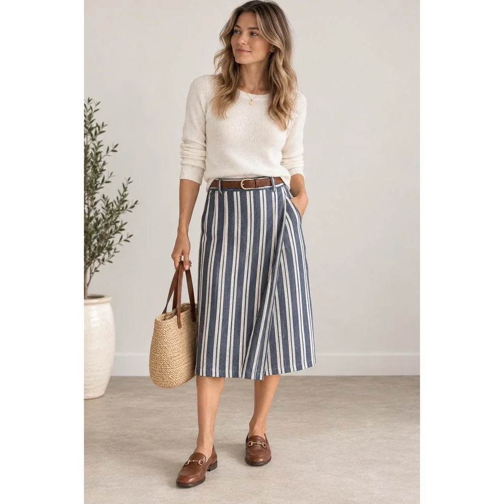 Gap Linen Stripe Wrap Midi Skirt Size M Academia Coastal Preppy Nautical Pockets